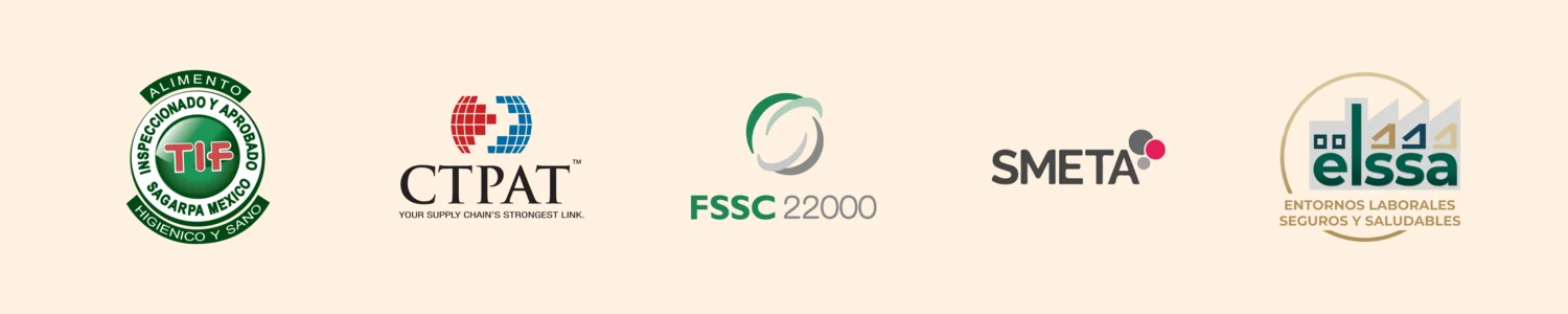 Logotipos de las certificaciones TIF, CTPAT, FSSC 22000, SMETA y ELSSA