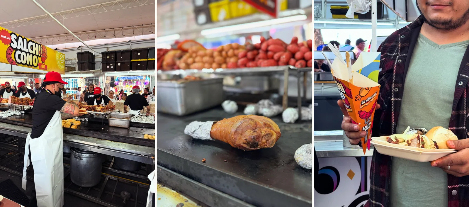 Stand de La Alemana en la Feria de León 2026 con la plancha, la pierna de pavo ahumada y el Salchicono
