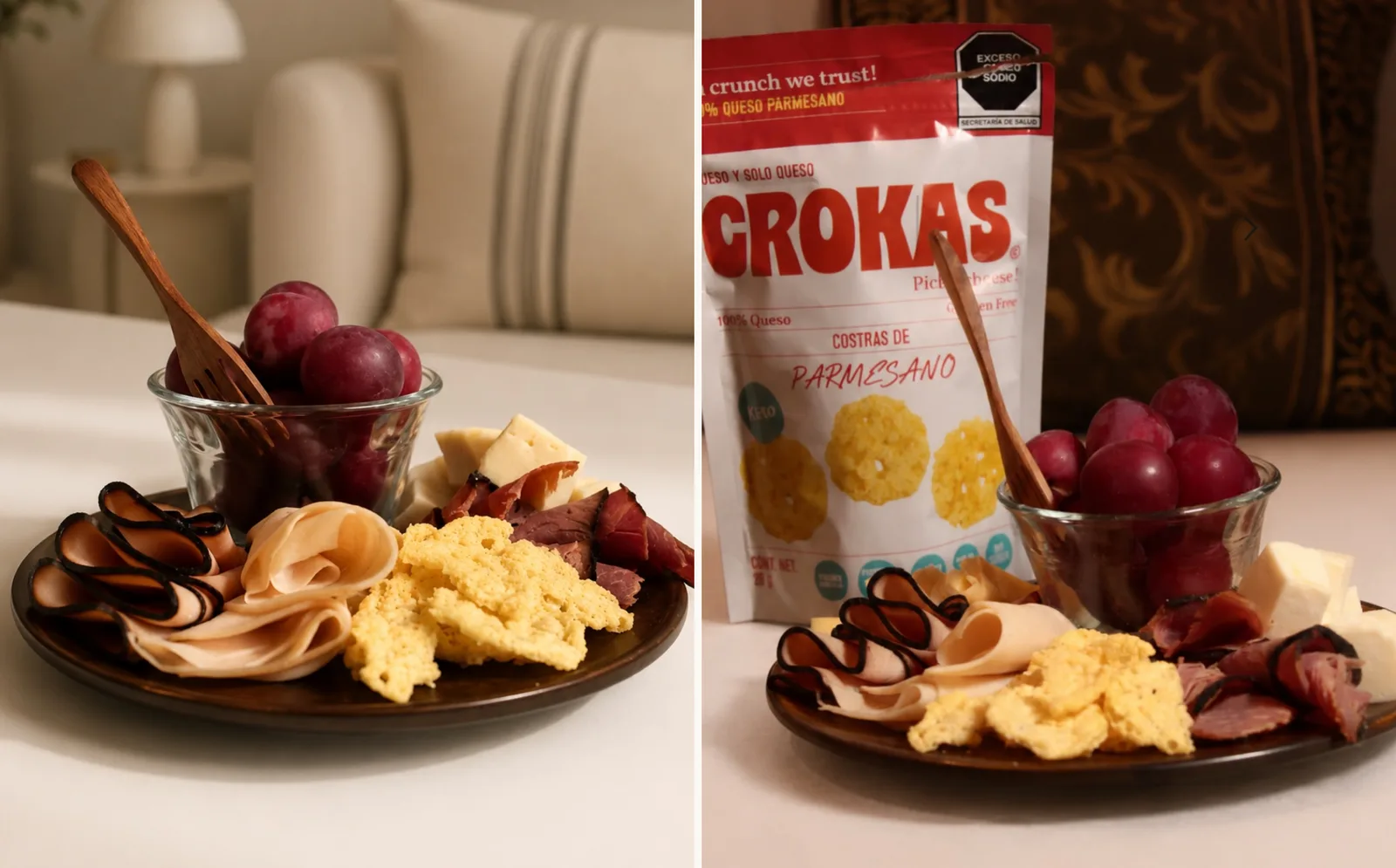 Charola con carnes frías, quesos, uvas y Crokas de parmesano