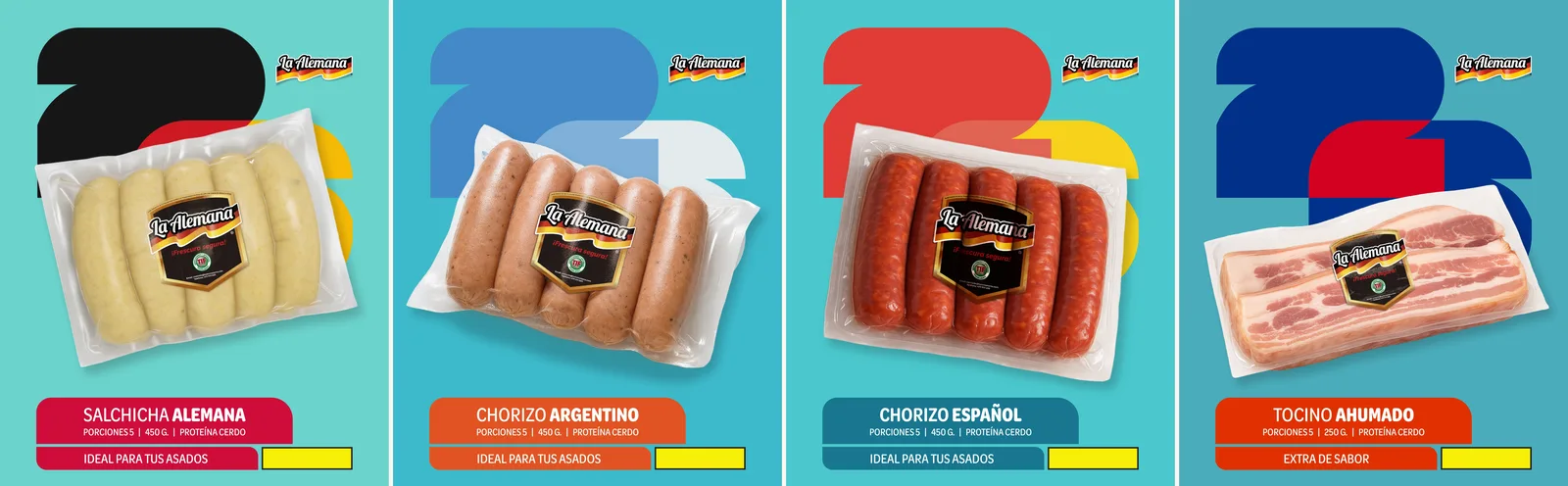 Paquetes de salchicha alemana, chorizo argentino, chorizo español y tocino ahumado La Alemana